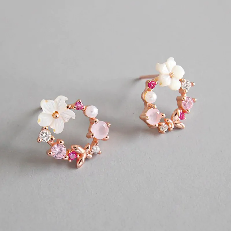 Pink CZ Shell Flowers Garland 925 Sterling Silver Stud Earrings