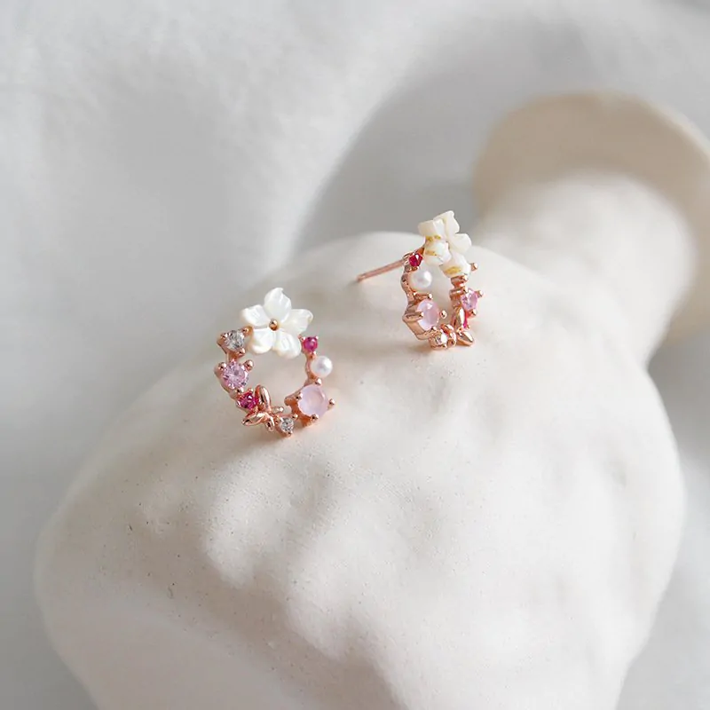 Pink CZ Shell Flowers Garland 925 Sterling Silver Stud Earrings - Image 2