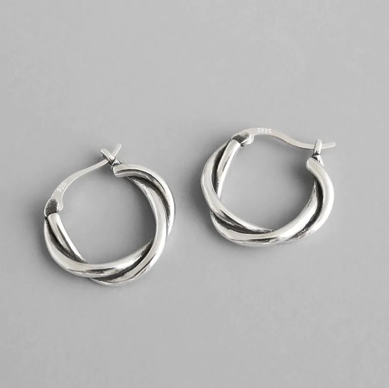 Vintage Twisted Cross Circle 925 Sterling Silver Hoop Earrings