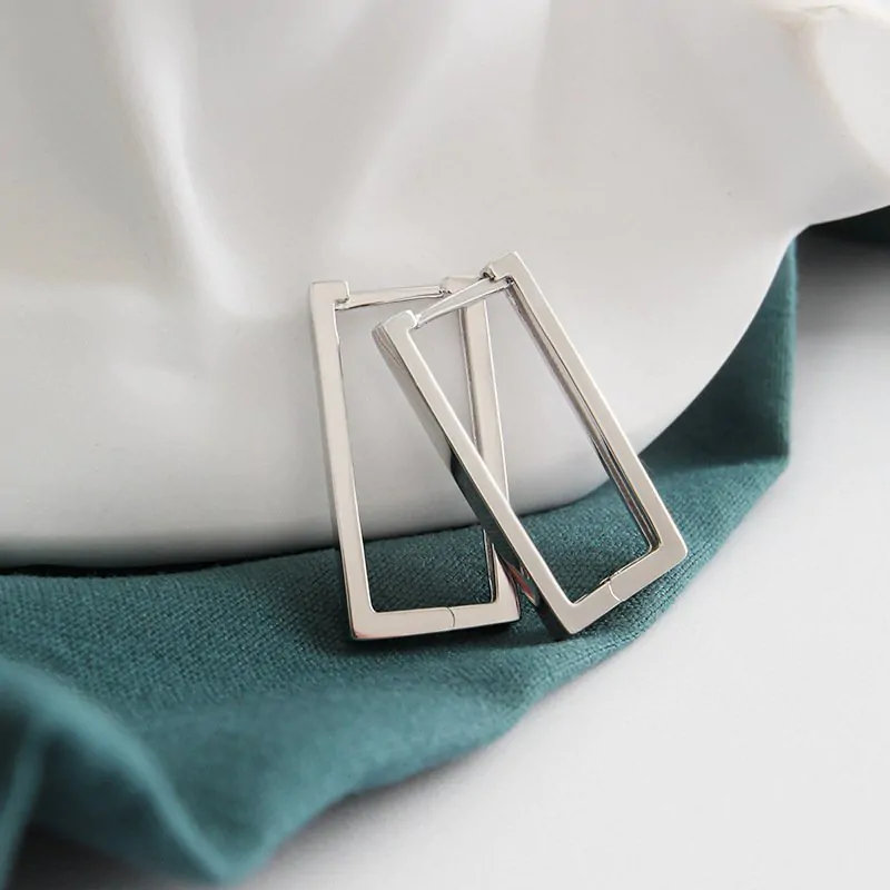 Geometric Hollow Rectangle 925 Sterling Silver Hoop Earrings - Image 4