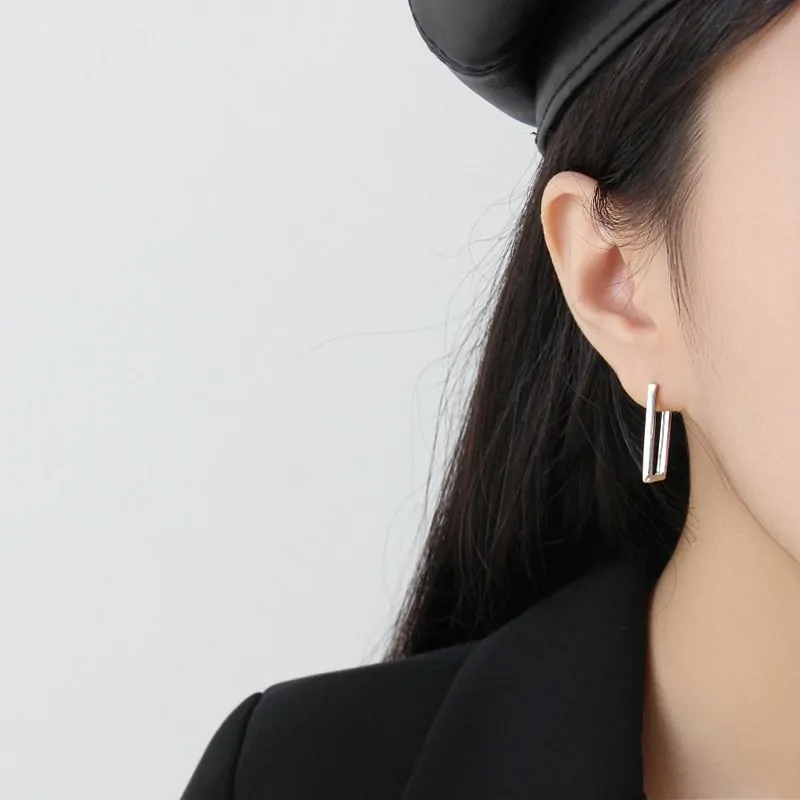 Geometric Hollow Rectangle 925 Sterling Silver Hoop Earrings - Image 2