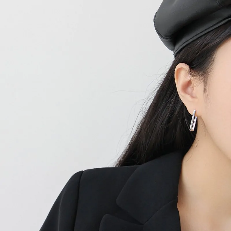 Geometric Hollow Rectangle 925 Sterling Silver Hoop Earrings - Image 3