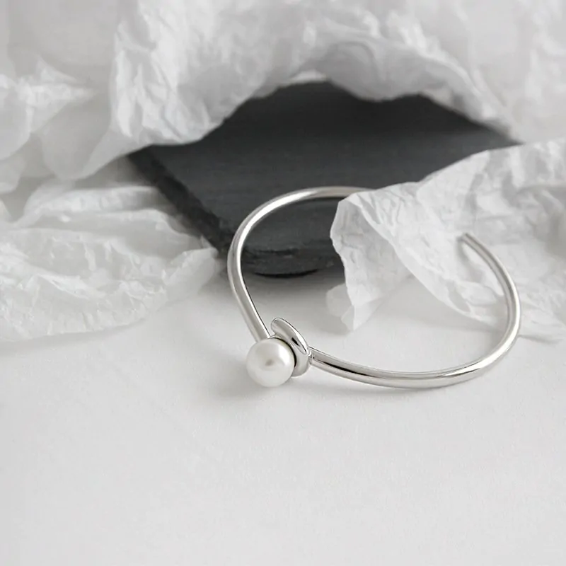 Round Shell Pearl 925 Sterling Silver Open Bangle - Image 4
