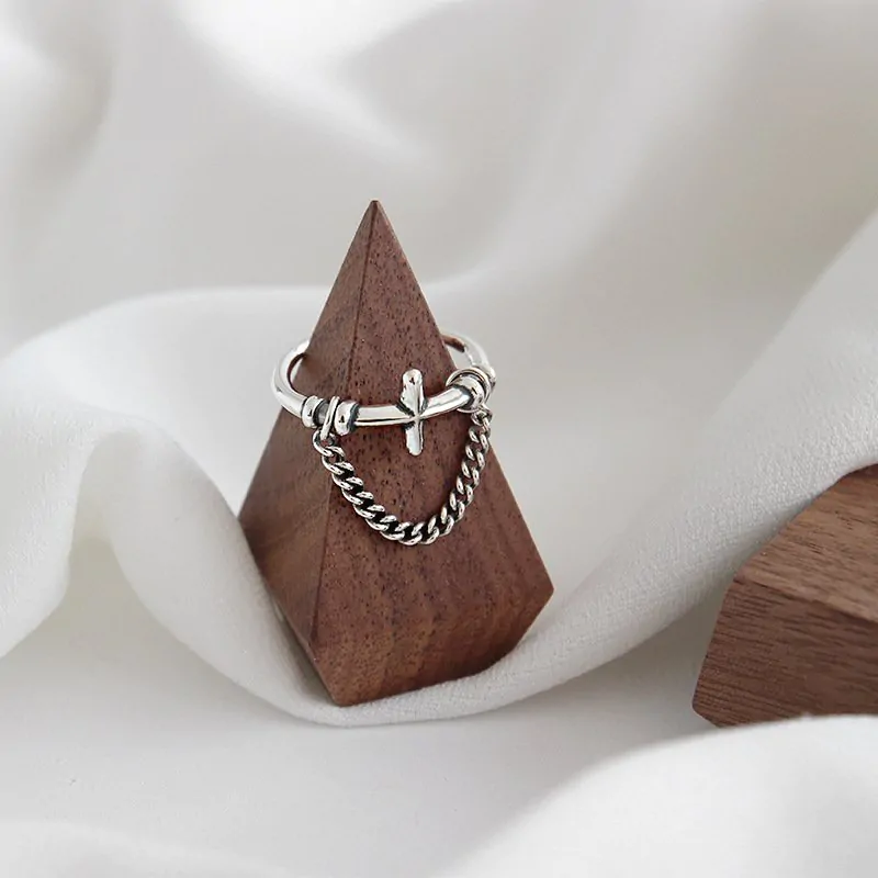 Vintage Cross Hollow Chain 925 Sterling Silver Adjustable Ring - Image 4