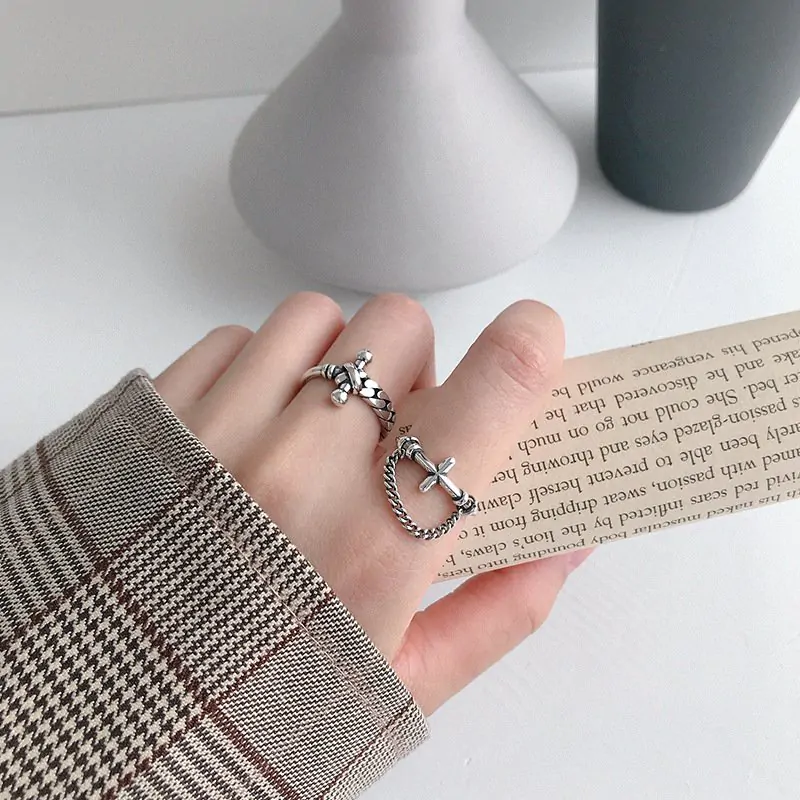 Vintage Cross Hollow Chain 925 Sterling Silver Adjustable Ring - Image 2