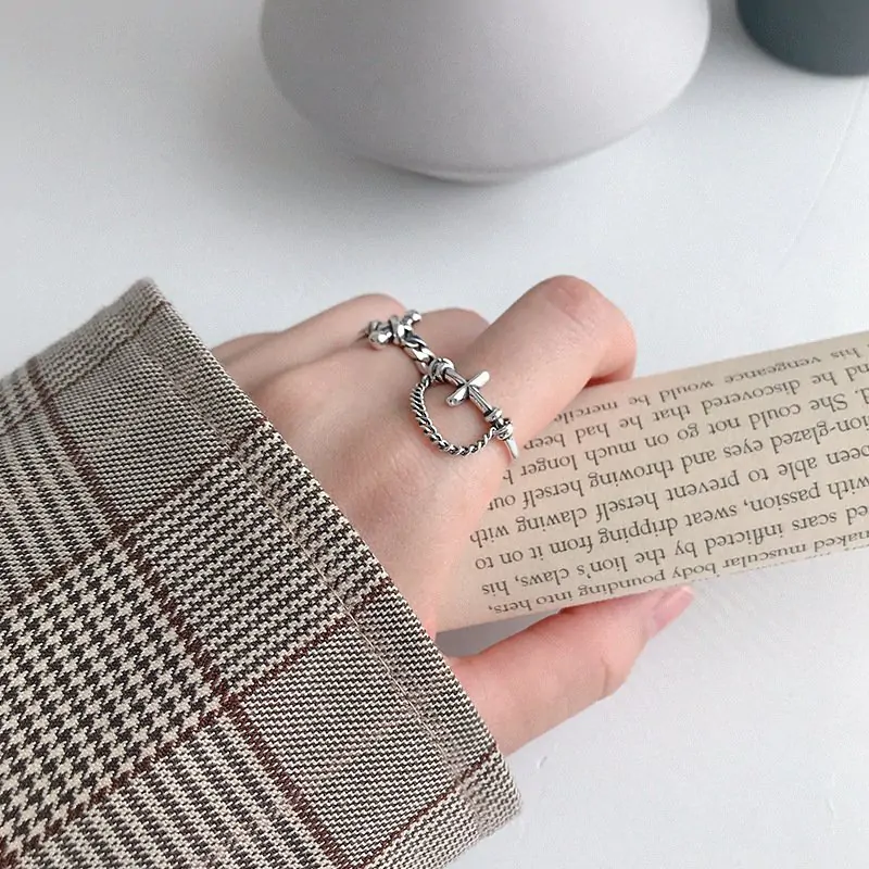 Vintage Cross Hollow Chain 925 Sterling Silver Adjustable Ring - Image 3