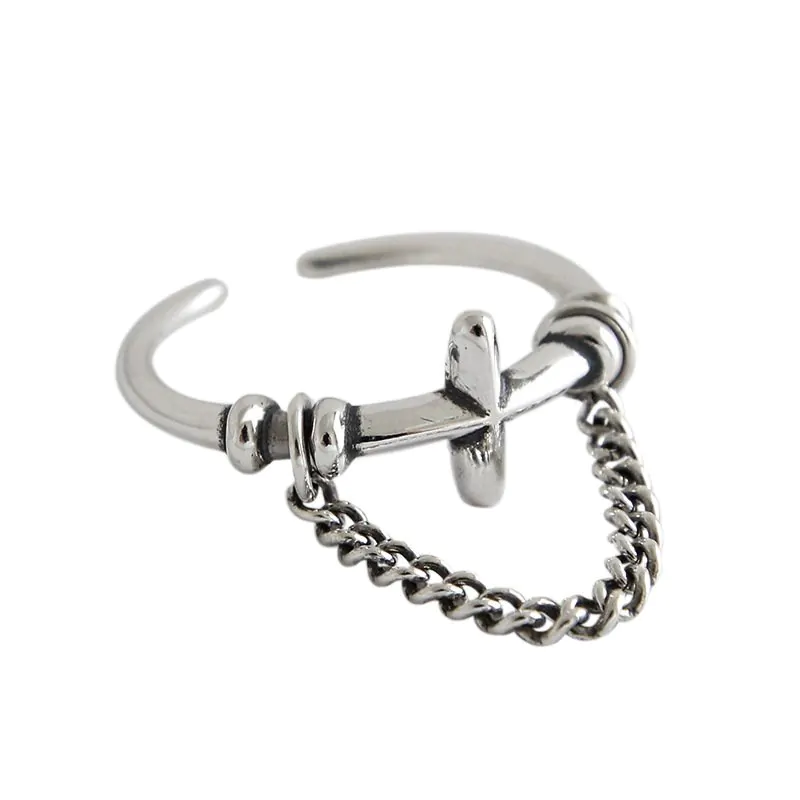 Vintage Cross Hollow Chain 925 Sterling Silver Adjustable Ring