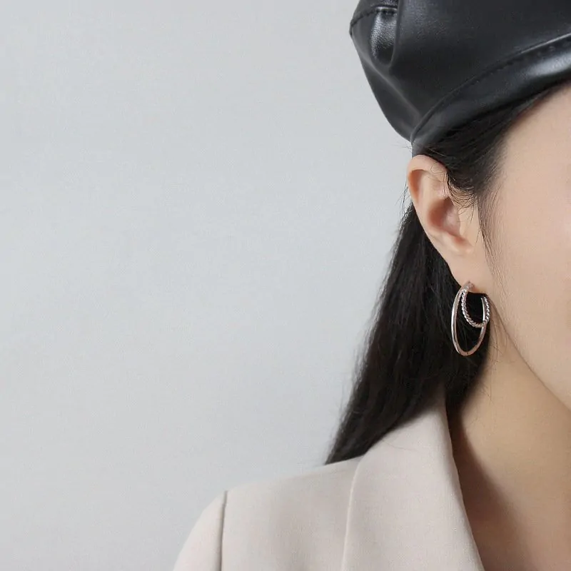 Double Layers Twisted 925 Sterling Silver Hoop Earrings - Image 3