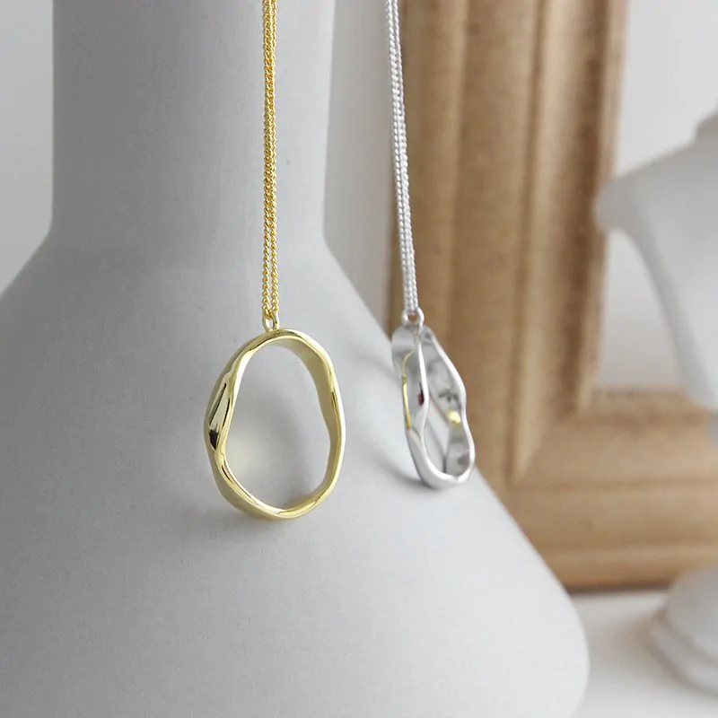 Irregular Geometric Wave Circle 925 Sterling Silver Necklace - Image 2