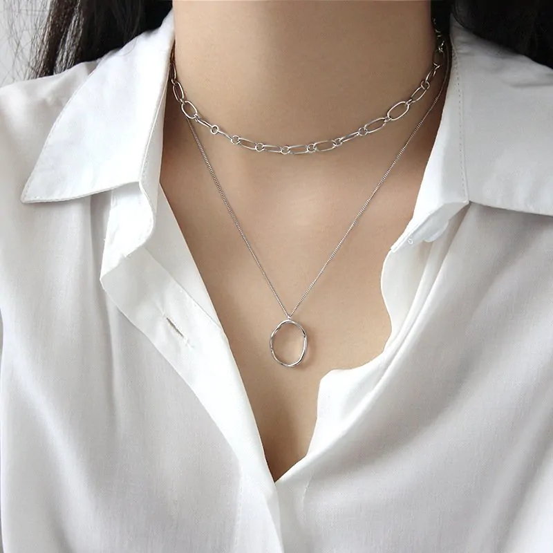 Irregular Geometric Wave Circle 925 Sterling Silver Necklace - Image 4