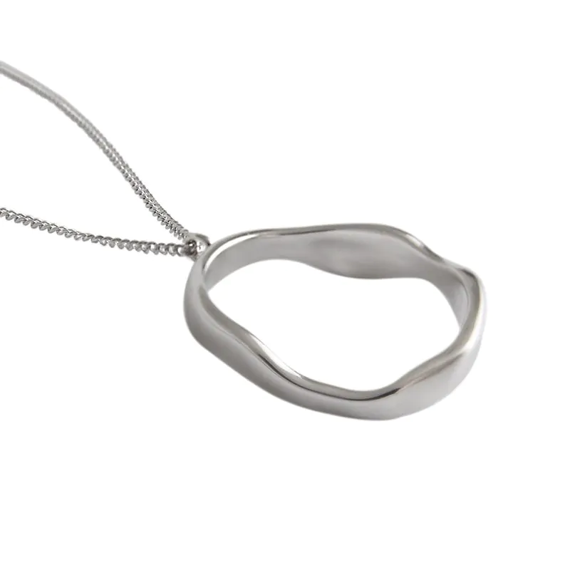 Irregular Geometric Wave Circle 925 Sterling Silver Necklace