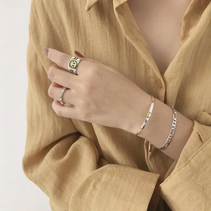 Smile Face 925 Sterling Silver Open Bangle - Image 4