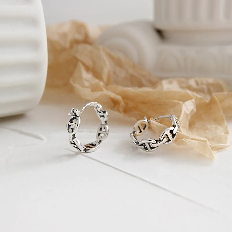 Vintage Cool Hollow Chain 925 Sterling Silver Huggie Hoop Earrings - Image 4