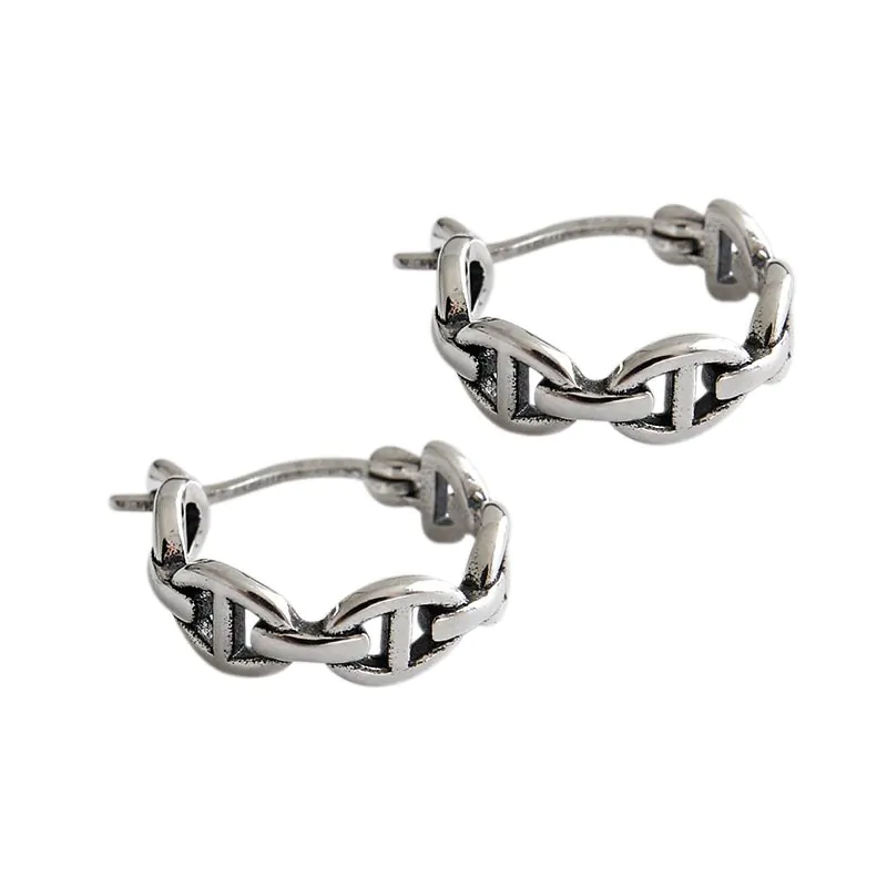 Vintage Cool Hollow Chain 925 Sterling Silver Huggie Hoop Earrings