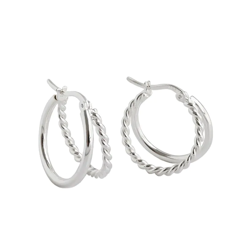 Double Layers Twisted 925 Sterling Silver Hoop Earrings