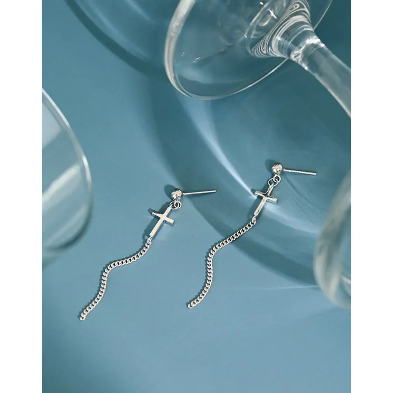 Elegant Cross Curb Chain 925 Sterling Silver Dangling Earrings - Image 2