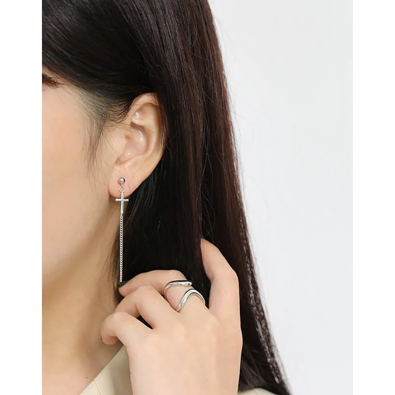 Elegant Cross Curb Chain 925 Sterling Silver Dangling Earrings - Image 4