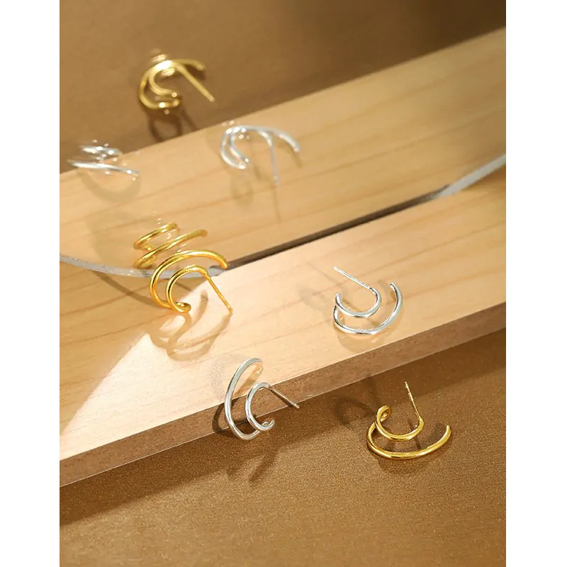 Irregular Double Layer C Shape 925 Sterling Silver Stud Earrings - Image 2
