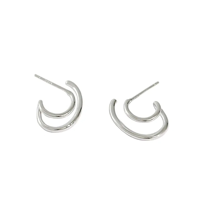 Irregular Double Layer C Shape 925 Sterling Silver Stud Earrings