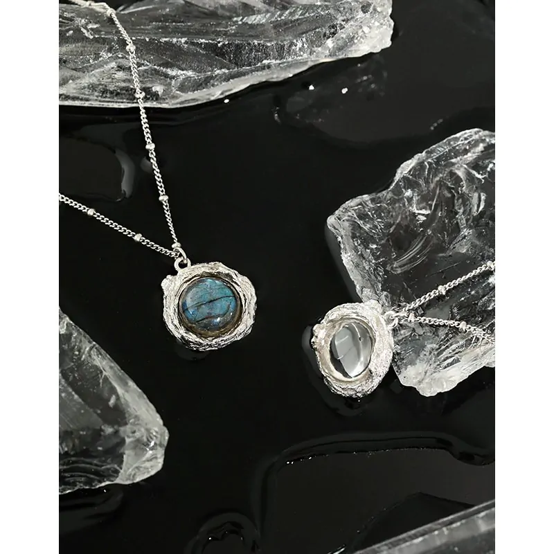 Round Natural Anemousite White Crystal Irregular 925 Sterling Silver Necklace - Image 2