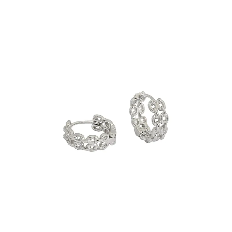 Geometric Double Layer Curb Chain 925 Sterling Silver Huggie Hoop Earrings