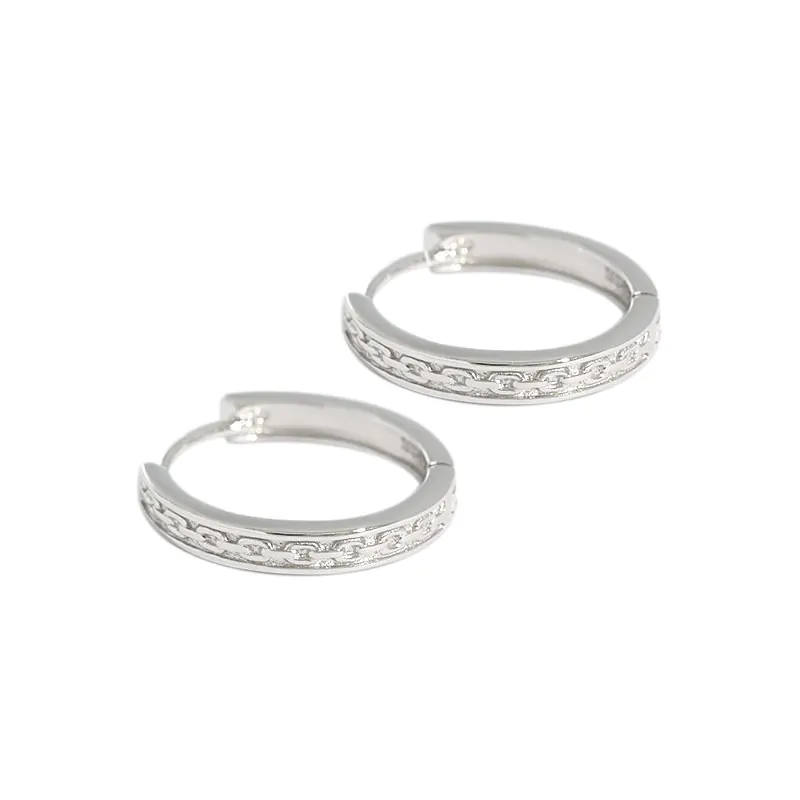 Chain Pattern 925 Sterling Silver Huggie Hoop Earrings