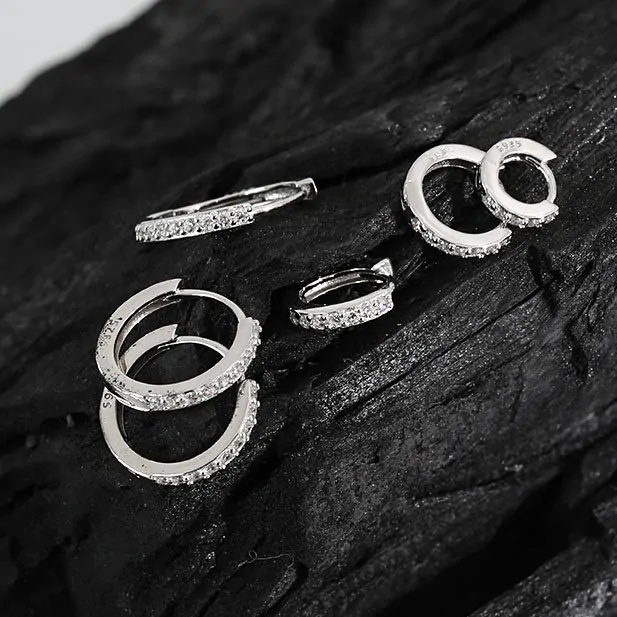 Mini Geometric CZ Circle 925 Sterling Silver Huggie Hoop Earrings - Image 2