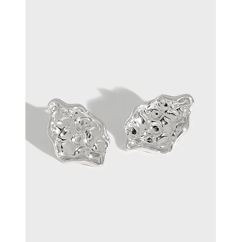 Geometric Irregular Beaten Stone 925 Sterling Silver Stud Earrings - Image 5