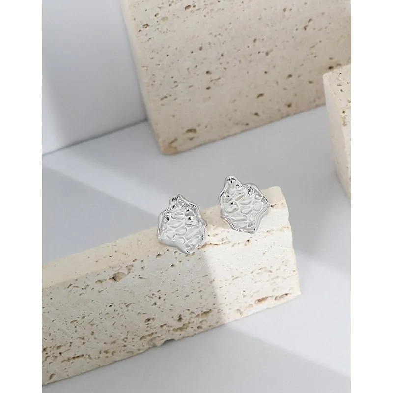 Geometric Irregular Beaten Stone 925 Sterling Silver Stud Earrings - Image 2