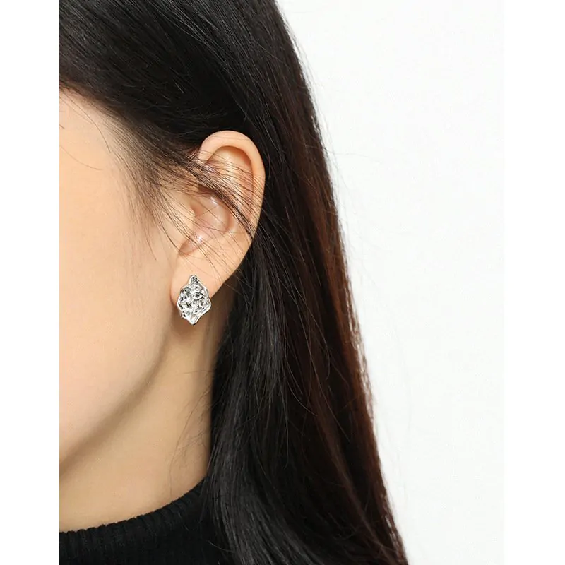 Geometric Irregular Beaten Stone 925 Sterling Silver Stud Earrings - Image 3