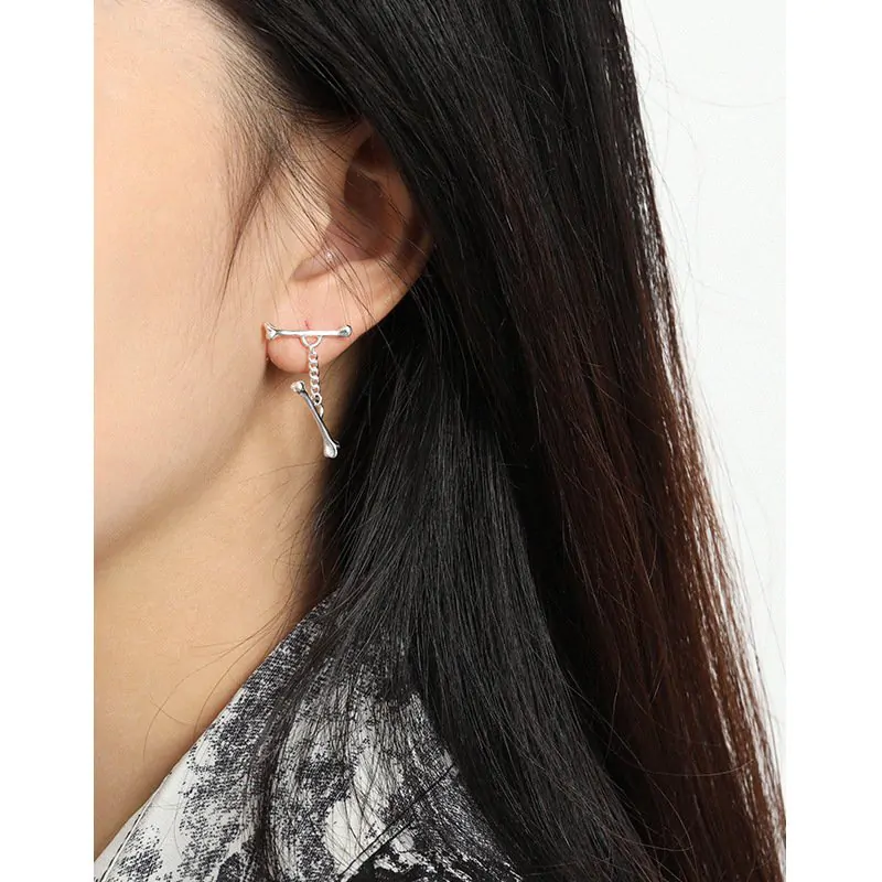 Two Bones Chain 925 Sterling Silver Dangling Earrings - Image 3