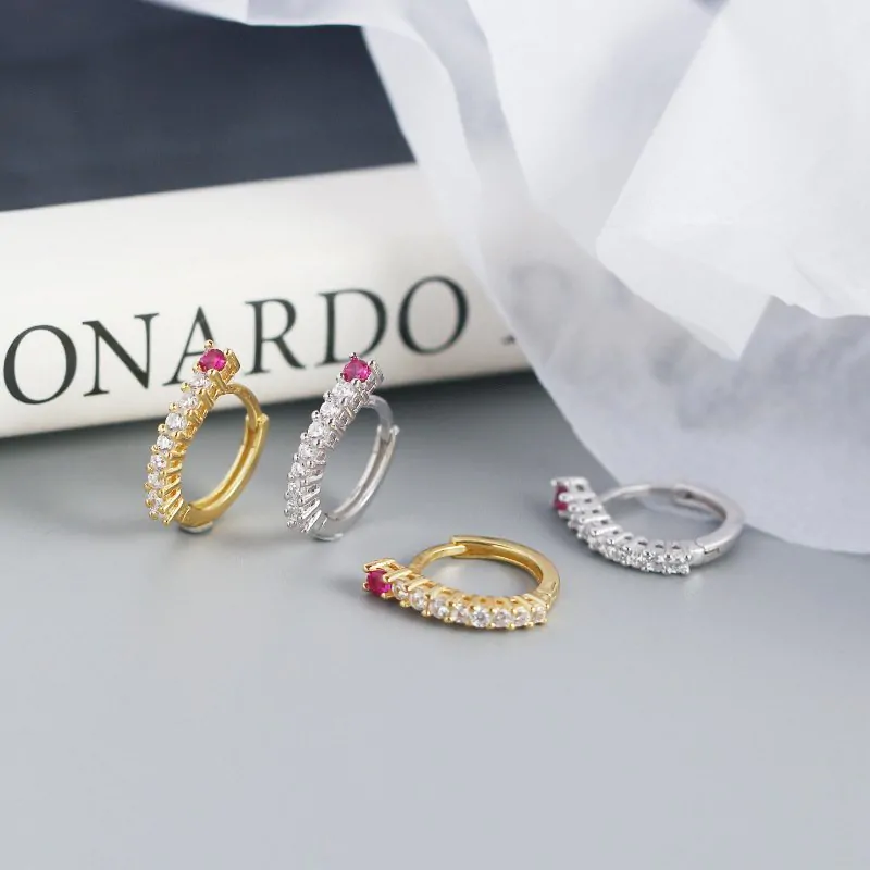 Pink CZ Lines Circle 925 Sterling Silver Hoop Earrings - Image 3