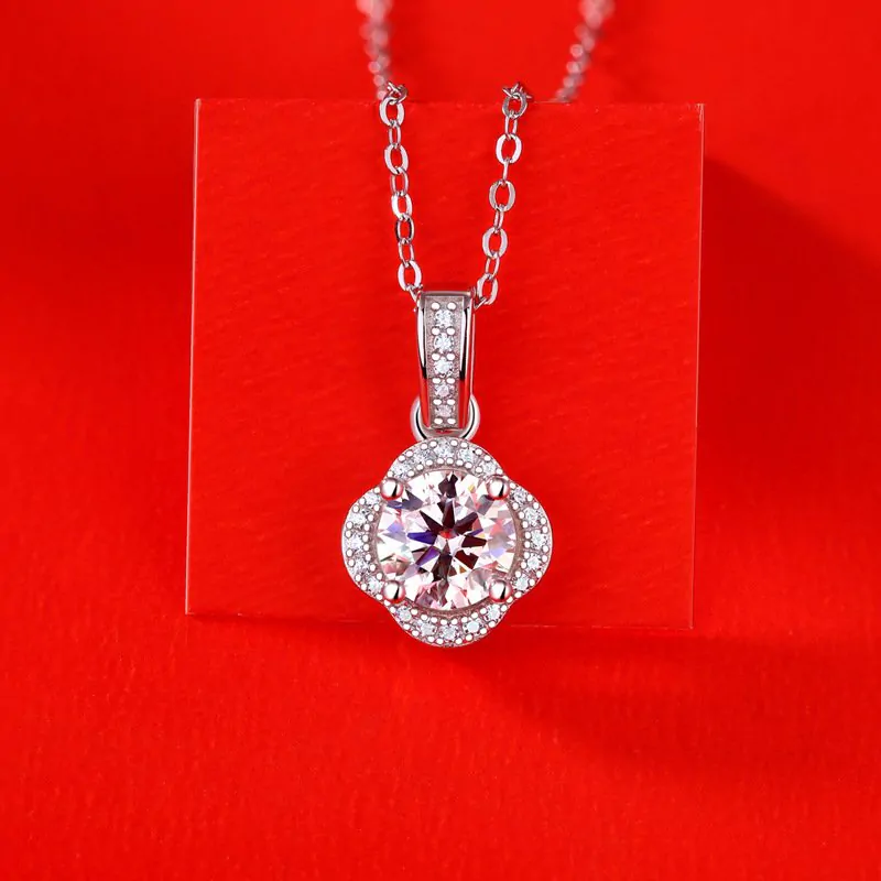 Moissanite CZ Four Petal Flower 925 Sterling Silver Necklace - Image 3