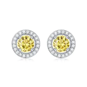 Round Yellow Moissanite CZ 925 Sterling Silver Stud Earrings