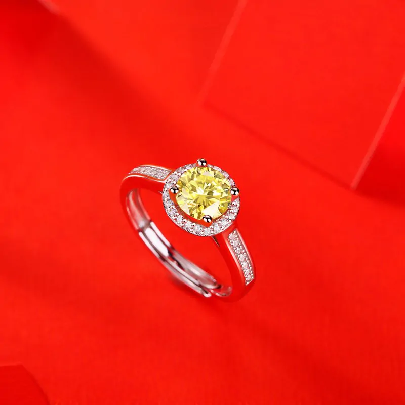 Yellow Round Moissanite CZ 925 Sterling Silver Adjustable Ring - Image 3