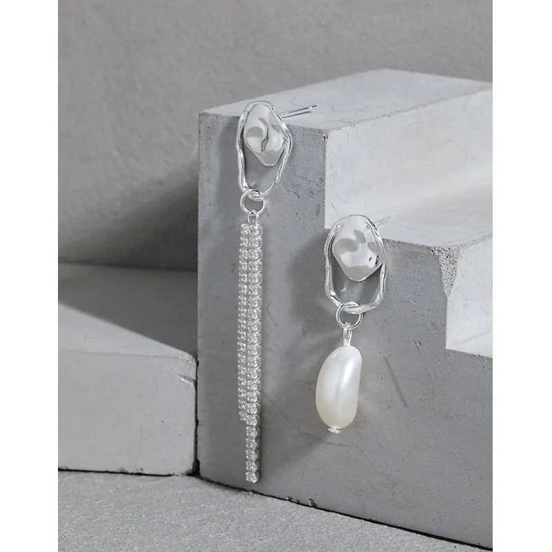 Asymmetric Shell Pearl CZ Tassels 925 Sterling Silver Dangling Earrings - Image 2
