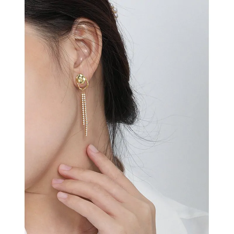 Asymmetric Shell Pearl CZ Tassels 925 Sterling Silver Dangling Earrings - Image 3