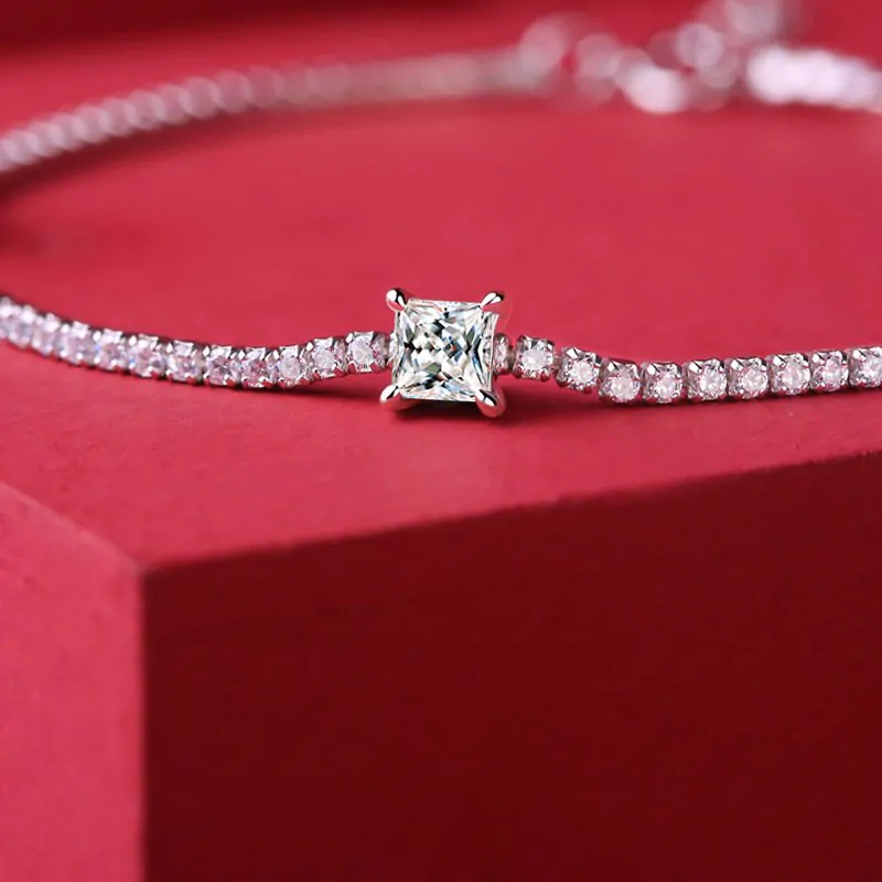 Square Moissanite CZ Chain 925 Sterling Silver Bracelet - Image 2