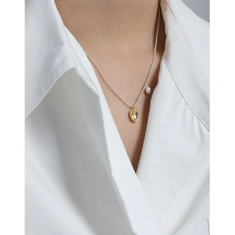 Oval Natural Pearl Irregular Flat Bead 925 Sterling Silver Necklace - Image 2