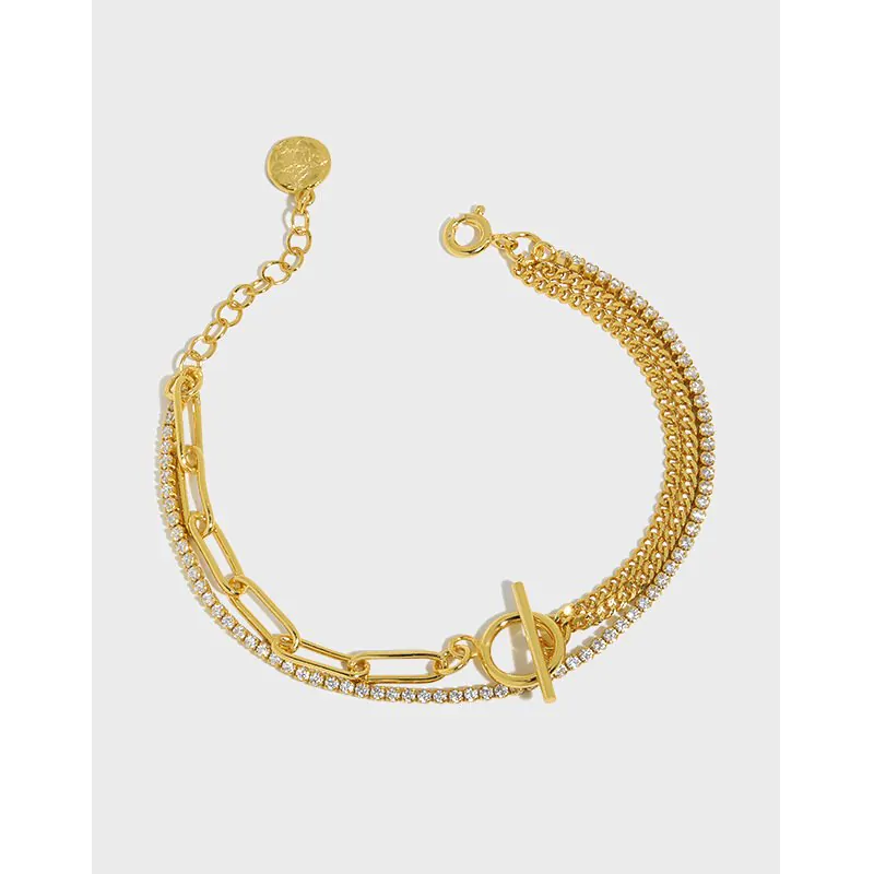 Asymmetric Double Layer Hollow Chain CZ OT 925 Sterling Silver Bracelet - Image 5