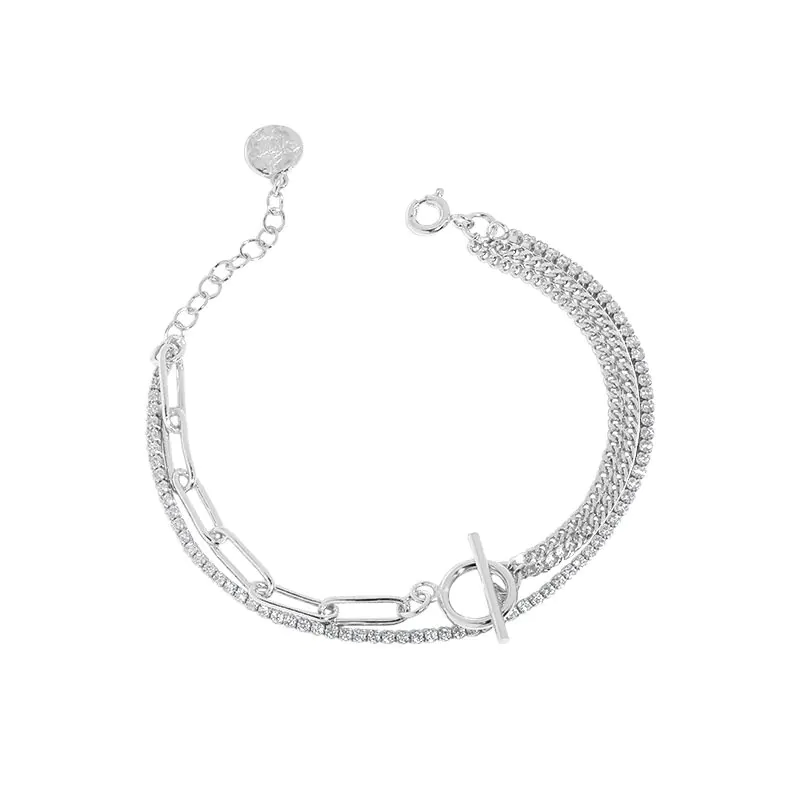 Asymmetric Double Layer Hollow Chain CZ OT 925 Sterling Silver Bracelet