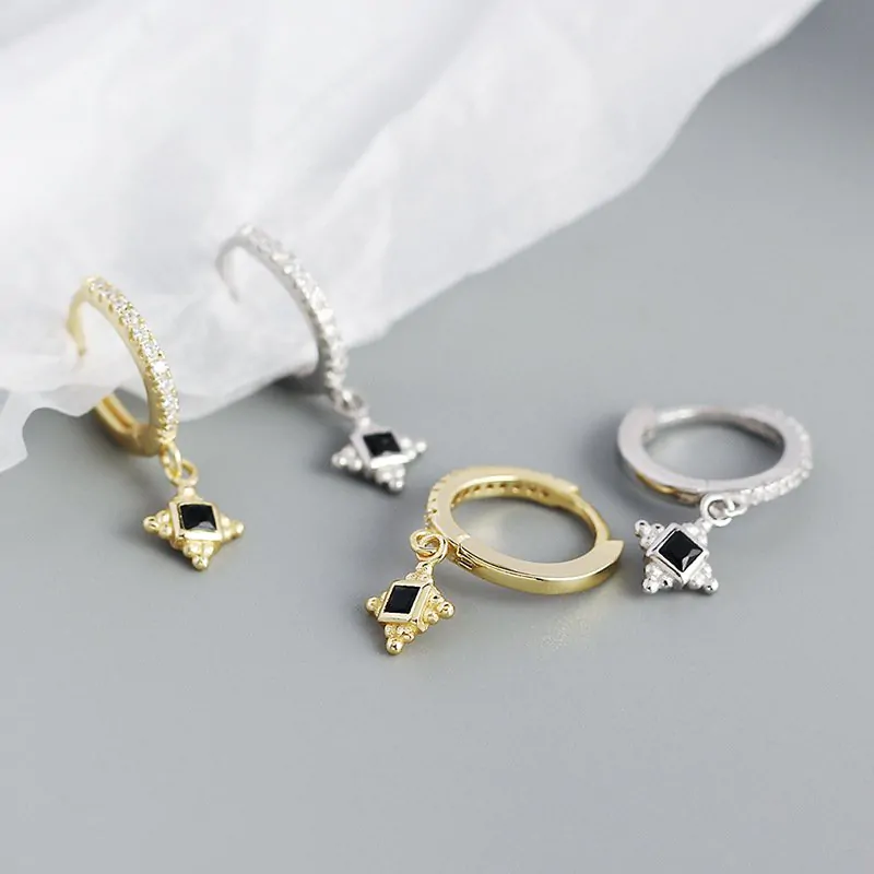 Black CZ Quadrangular Star 925 Sterling Silver Hoop Earrings - Image 3