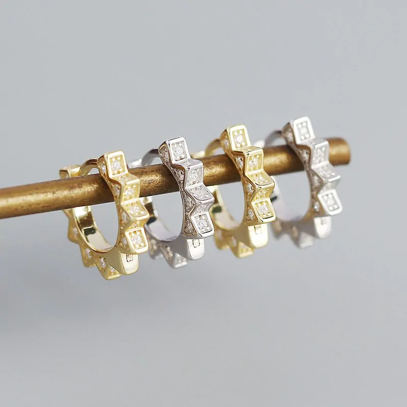 Punk CZ Gear Geometric Triangle 925 Sterling Silver Hoop Earrings - Image 3