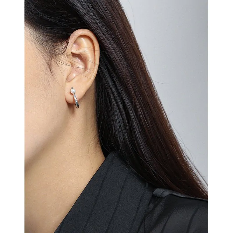 S Shape Round Shell Pearl 925 Sterling Silver Hoop Earrings - Image 3