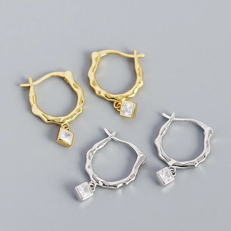 Irregular CZ Square Geometric 925 Sterling Silver Hoop Earrings - Image 3