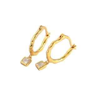 Irregular CZ Square Geometric 925 Sterling Silver Hoop Earrings