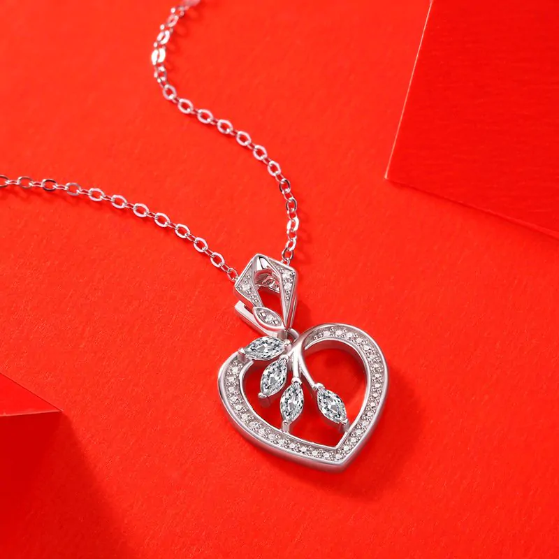 Moissanite Hollow Heart Leaves 925 Sterling Silver Necklace - Image 3