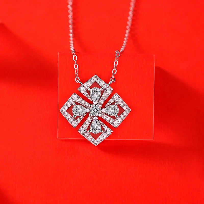 Elegant Moissanite CZ Geometric Four Leaf Clover 925 Sterling Silver Necklace - Image 2