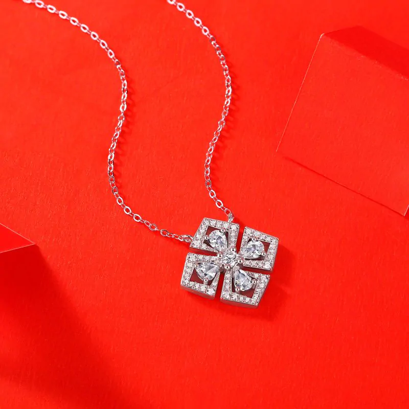 Elegant Moissanite CZ Geometric Four Leaf Clover 925 Sterling Silver Necklace - Image 3