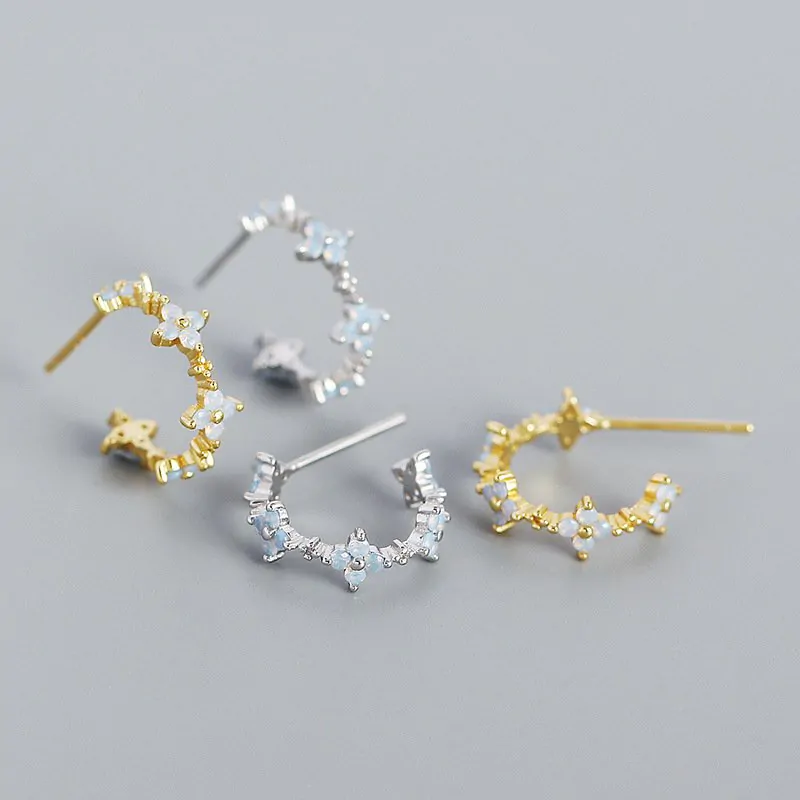 Girl CZ Four Leaf Clover Flower C Shape 925 Sterling Silver Hoop Earrings - Image 5